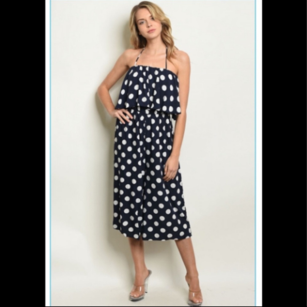 NAVY & WHITE POLKA DOT JUMPSUIT